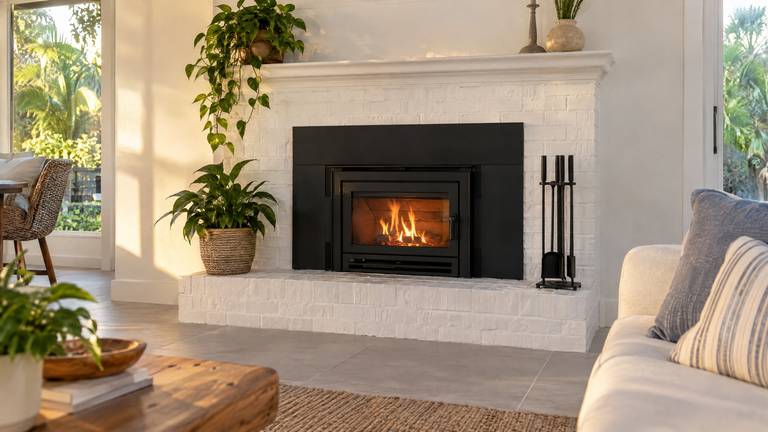 A black steel wood-burning insert with a small fire in a white-painted brick fireplace.