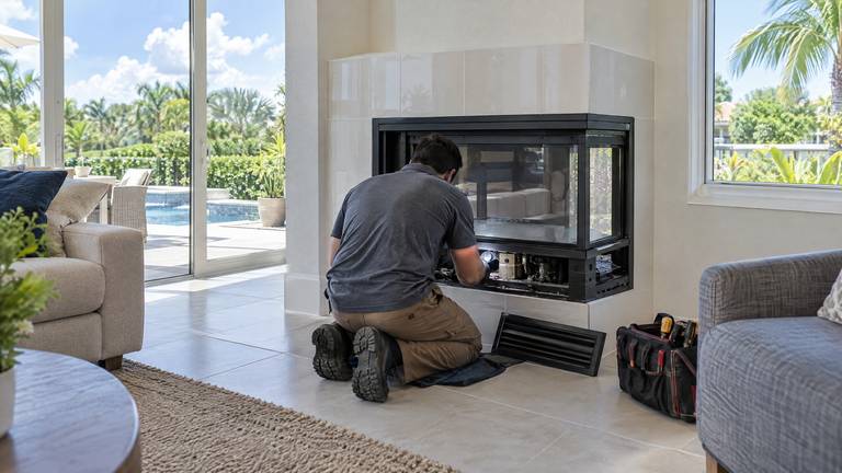 A technician kneels at a corner gas fireplace with its lower access panel removed.