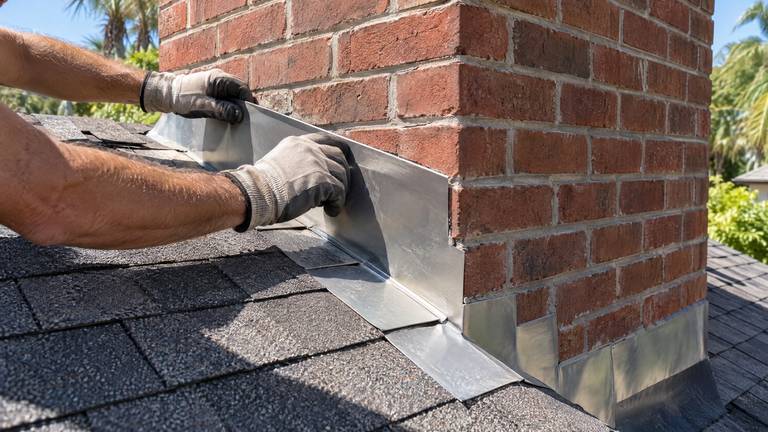 Gloved hands fit a new metal flashing piece along the side of a red brick chimney on a shingle roof.