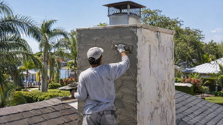 A worker trowels a fresh coat of stucco onto one side of a chimney next to an old, cracked stucco face.