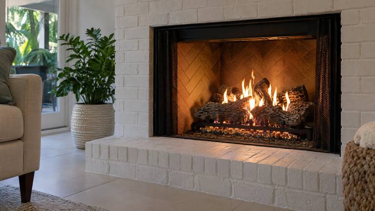 A ceramic gas log set burning with calm flames in a white-painted brick fireplace.