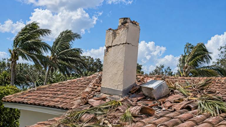 A cracked stucco chimney after a hurricane, its cap lying on the tile roof among palm fronds.