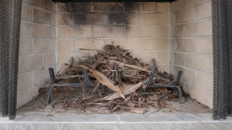 A pile of twigs, palm fronds and leaves from a fallen nest lying on the grate of a fireplace.