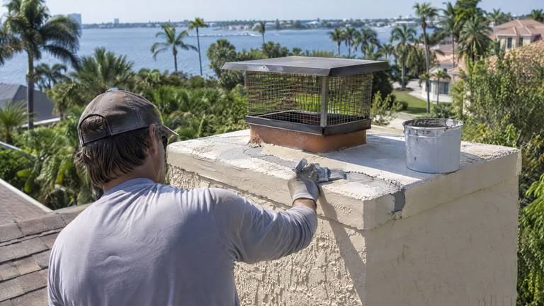 A worker brushes gray sealant into cracks across the concrete crown of a stucco chimney.