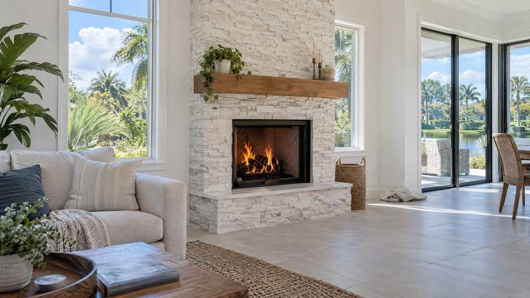 A fireplace with a white stacked-stone surround and a wood mantel in a bright great room.