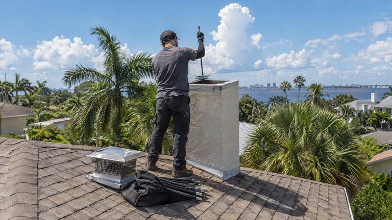 A technician on a sunny shingle roof works a chimney brush on rods in the flue of a stucco chimney, the cap set beside him.