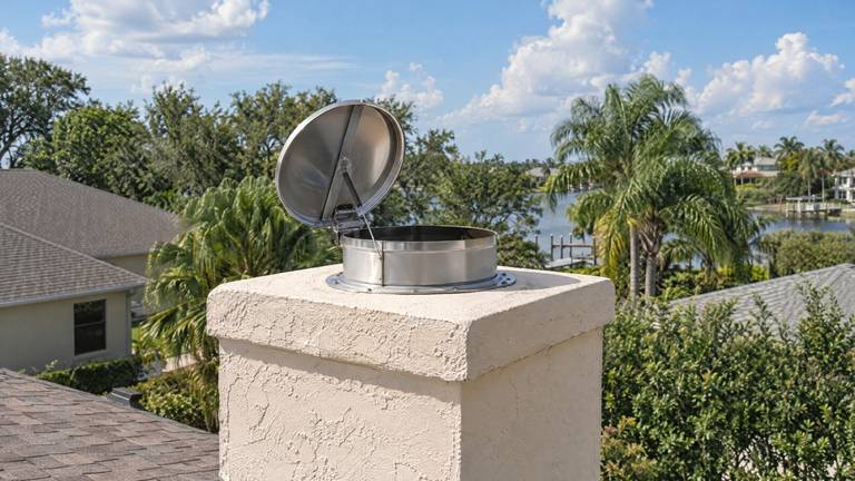 A stainless steel top-sealing damper with its lid open on the flue of a stucco chimney.