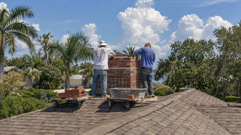 Two workers rebuild the upper courses of a red brick chimney with new brick on a bungalow roof.